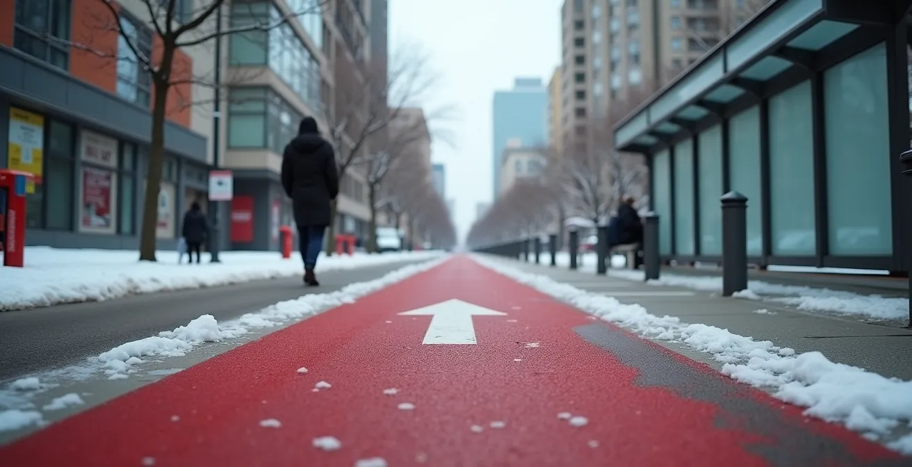 Perspective humaine au niveau de la rue montrant une voie de bus clairement marquée en rouge avec séparation physique