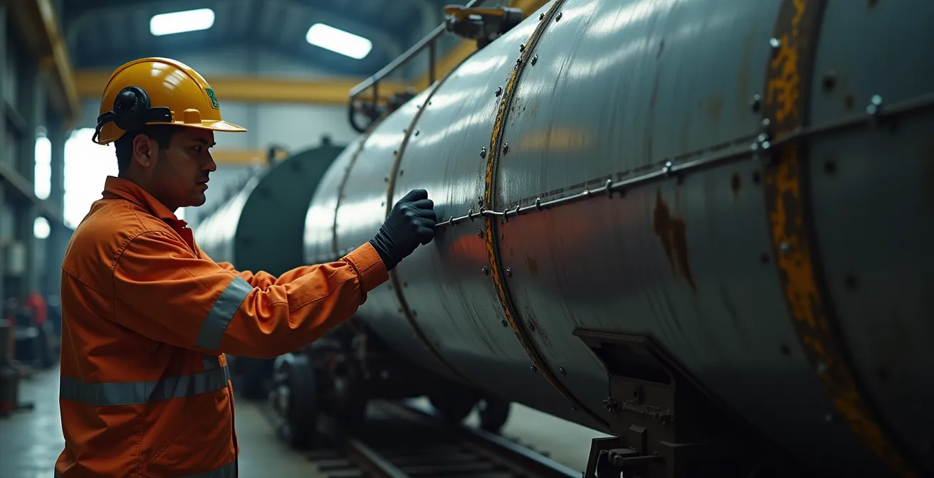Technicien inspectant un wagon-citerne TC-117 en atelier de modernisation avec équipements de sécurité renforcés visibles