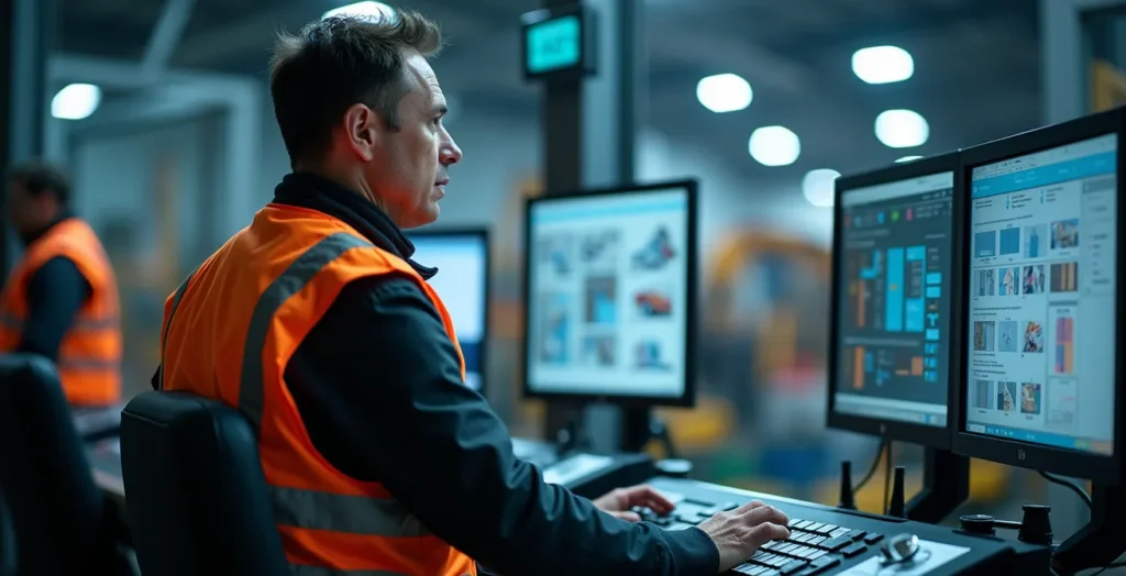 Opérateur superviseur surveillant une flotte de robots depuis un poste de contrôle ergonomique Opérateur superviseur surveillant une flotte de robots depuis un poste de contrôle ergonomique